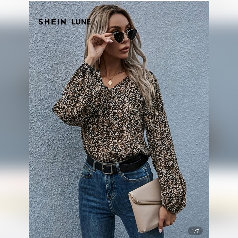 SHEIN LUNE  Women V-neck Long Sleeve Print Blouse Size Small